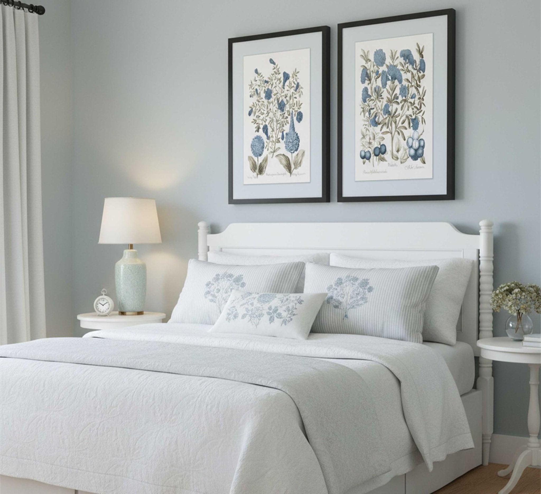 Two framed botanical prints of blue flowers and berries hang above a white bed with floral pillows and a textured quilt.