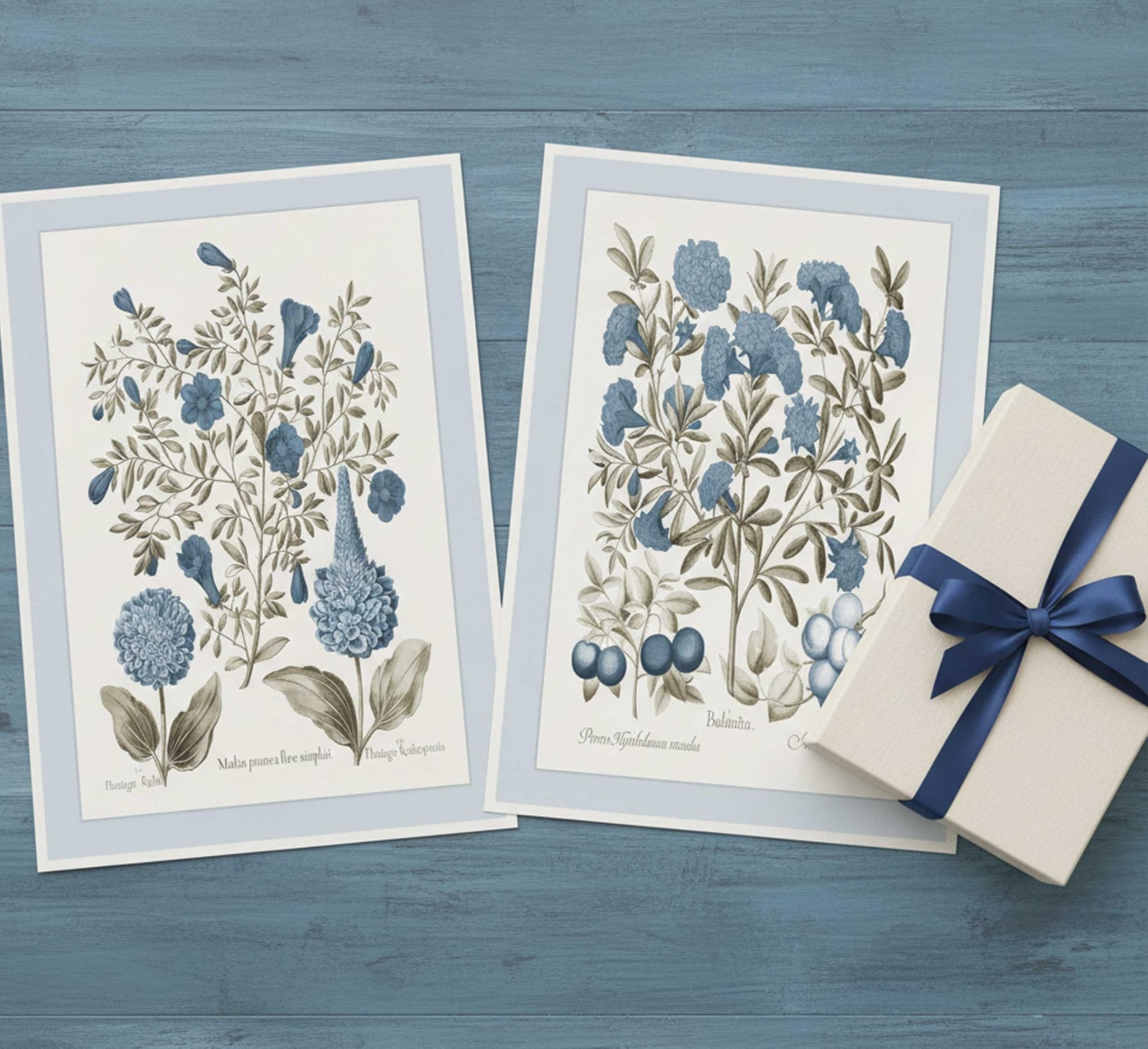 Two unframed botanical prints with blue flowers and leaves, next to a gift box on a blue wooden background.