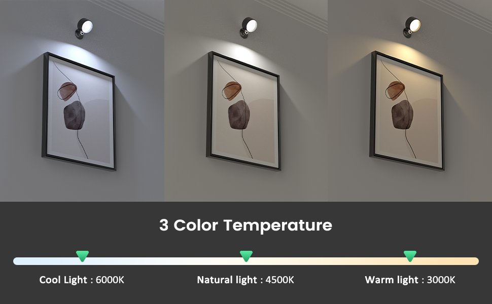 LED wall light demonstrating three color temperatures illuminating artwork on a wall.