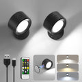 Two black LED wall lights mounted on a wall, with USB cables, remote control, and color temperature examples shown below.