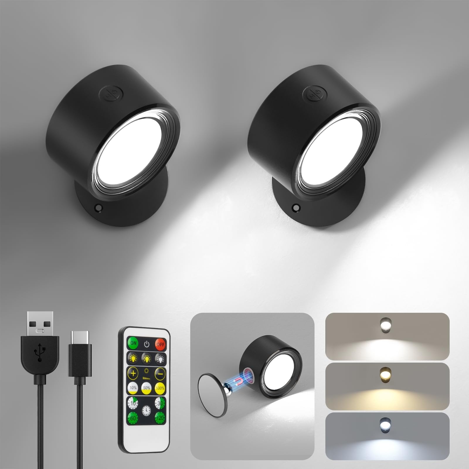 Two black LED wall lights mounted on a wall, with USB cables, remote control, and color temperature examples shown below.