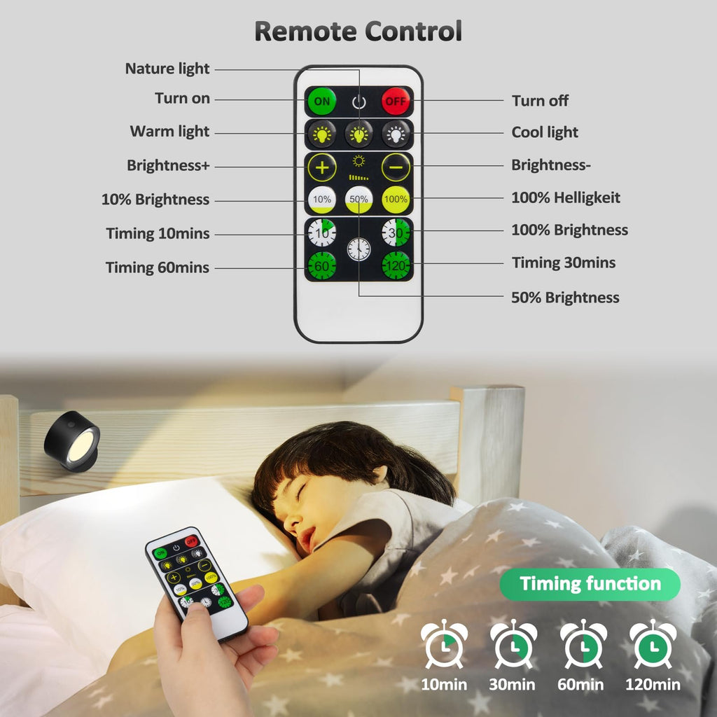 Remote control and bedside lamp shown with a sleeping child, illustrating timing functions.