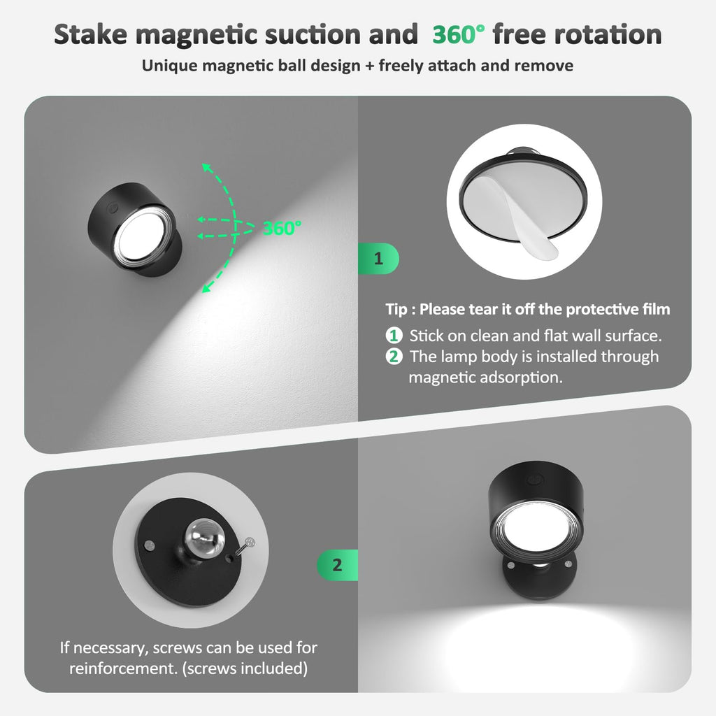 Collage showing a cordless LED wall light with magnetic mounting and 360-degree rotation, demonstrating installation and features.
