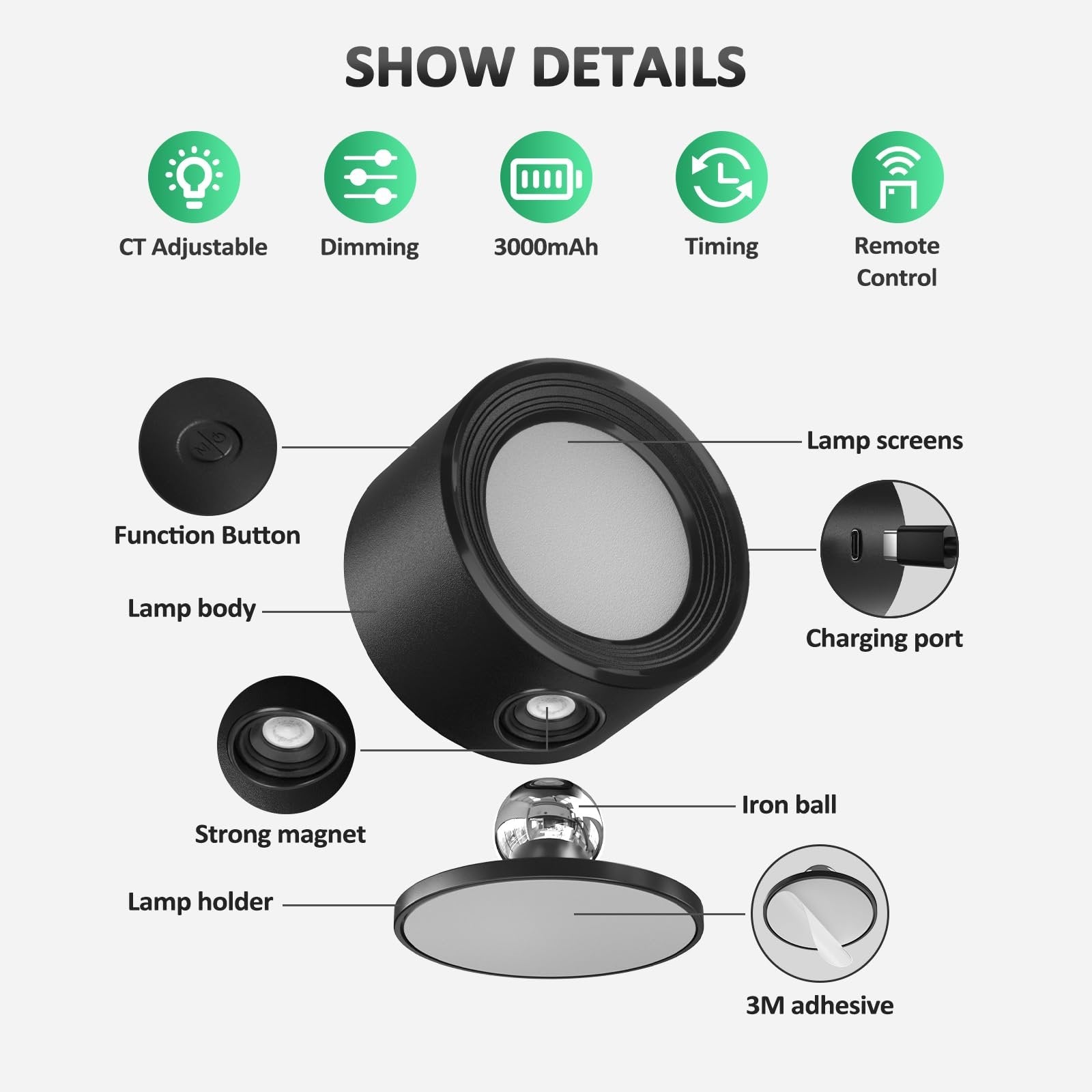Diagram showing details of a cordless LED wall light with labels for function button, lamp body, lamp screens, charging port, strong magnet, lamp holder, iron ball, and 3M adhesive.