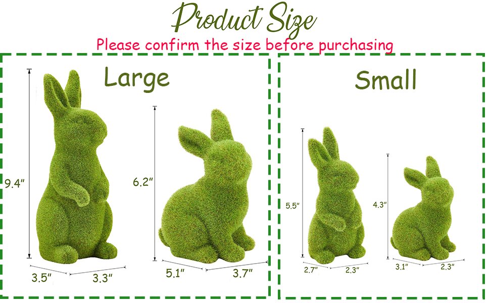 Two sizes of flocked moss bunny figurines, large and small, with dimensions shown.