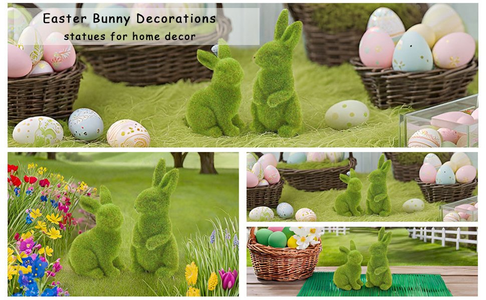 Collage of green flocked moss bunny figurines with Easter eggs and baskets for spring decor