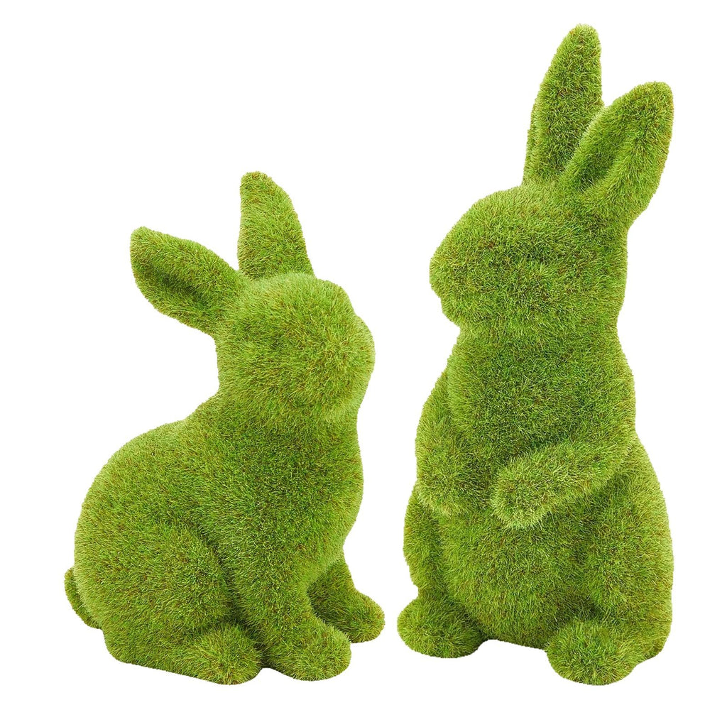Two flocked green moss bunny figurines on a white background, one sitting and one standing.