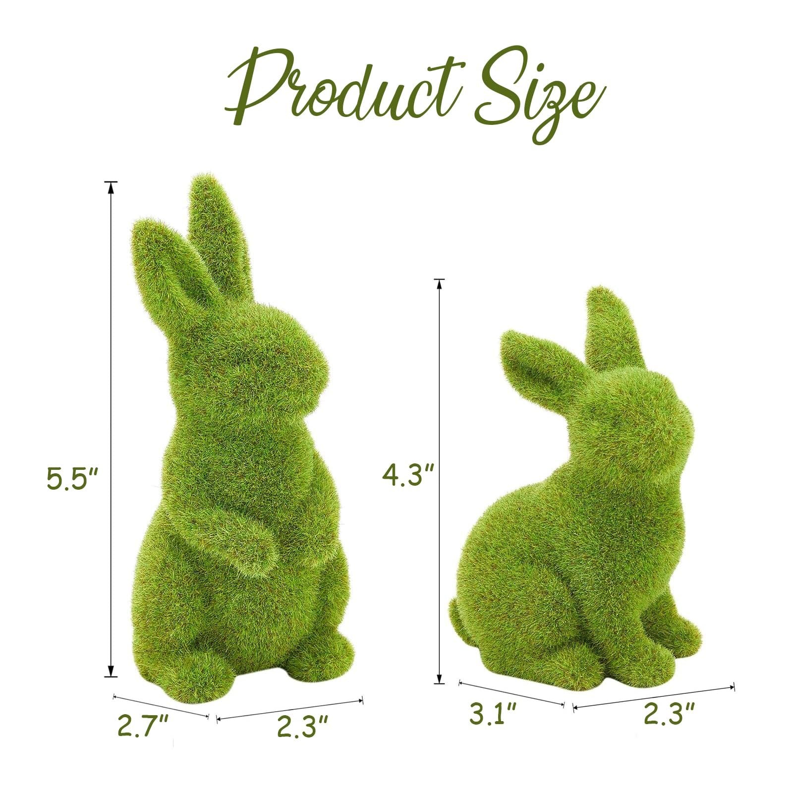 Two flocked moss bunny figurines with size dimensions indicated by measurement lines and numbers.