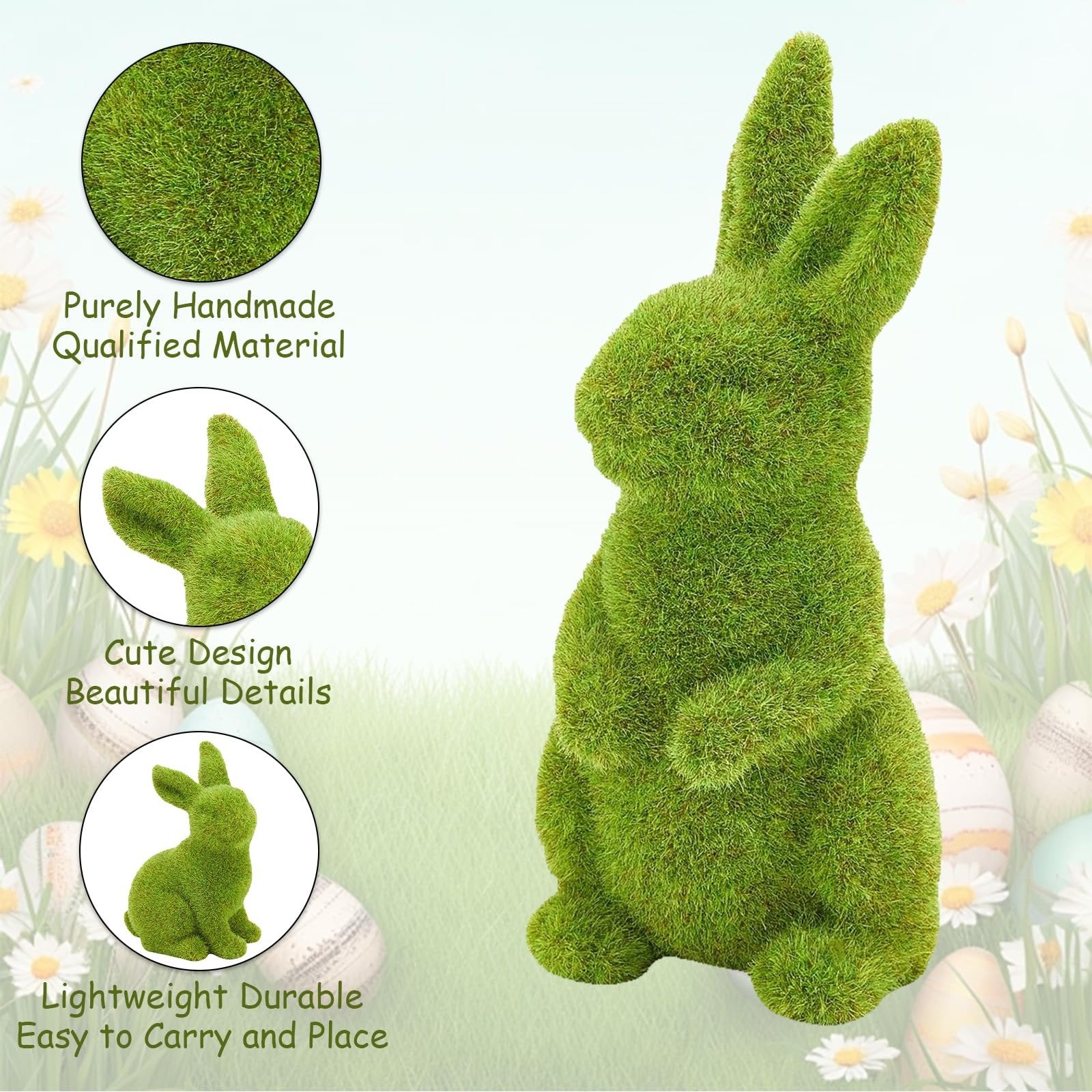 Flocked green moss bunny figurine with inset images showing material detail and a smaller bunny.