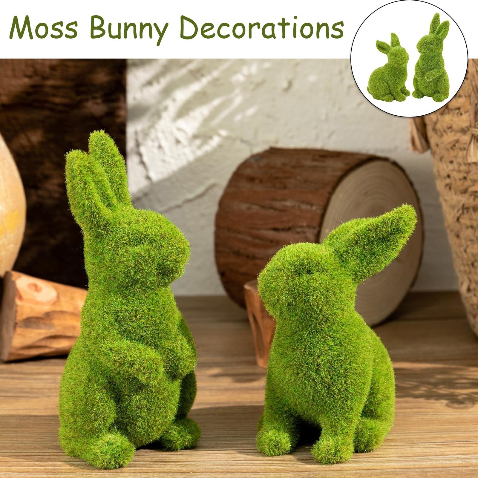 Two green flocked moss bunny figurines displayed on a wooden surface with decorative logs and a basket in the background.