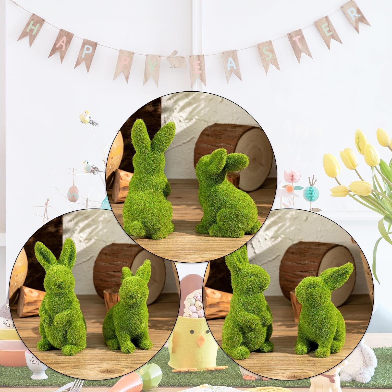 Easter bunny figurines flocked with green moss, displayed in circular vignettes with spring decorations.