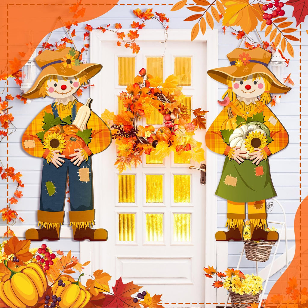 Two scarecrow decorations and a fall wreath hanging on a white door for Thanksgiving decor