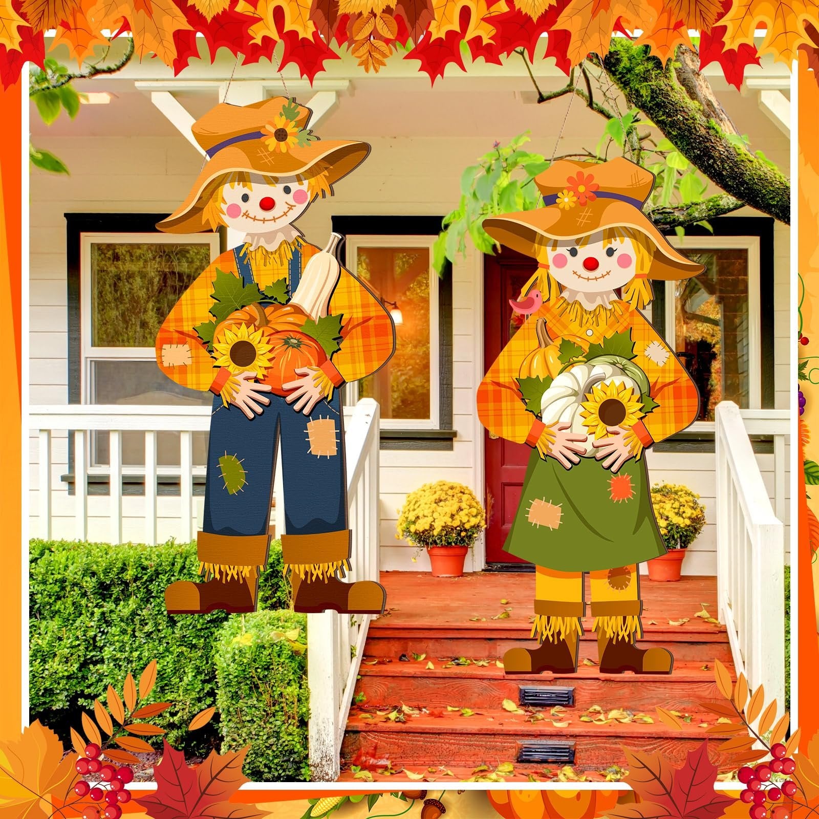 Two scarecrow decorations hanging on a porch during autumn, holding pumpkins and sunflowers.
