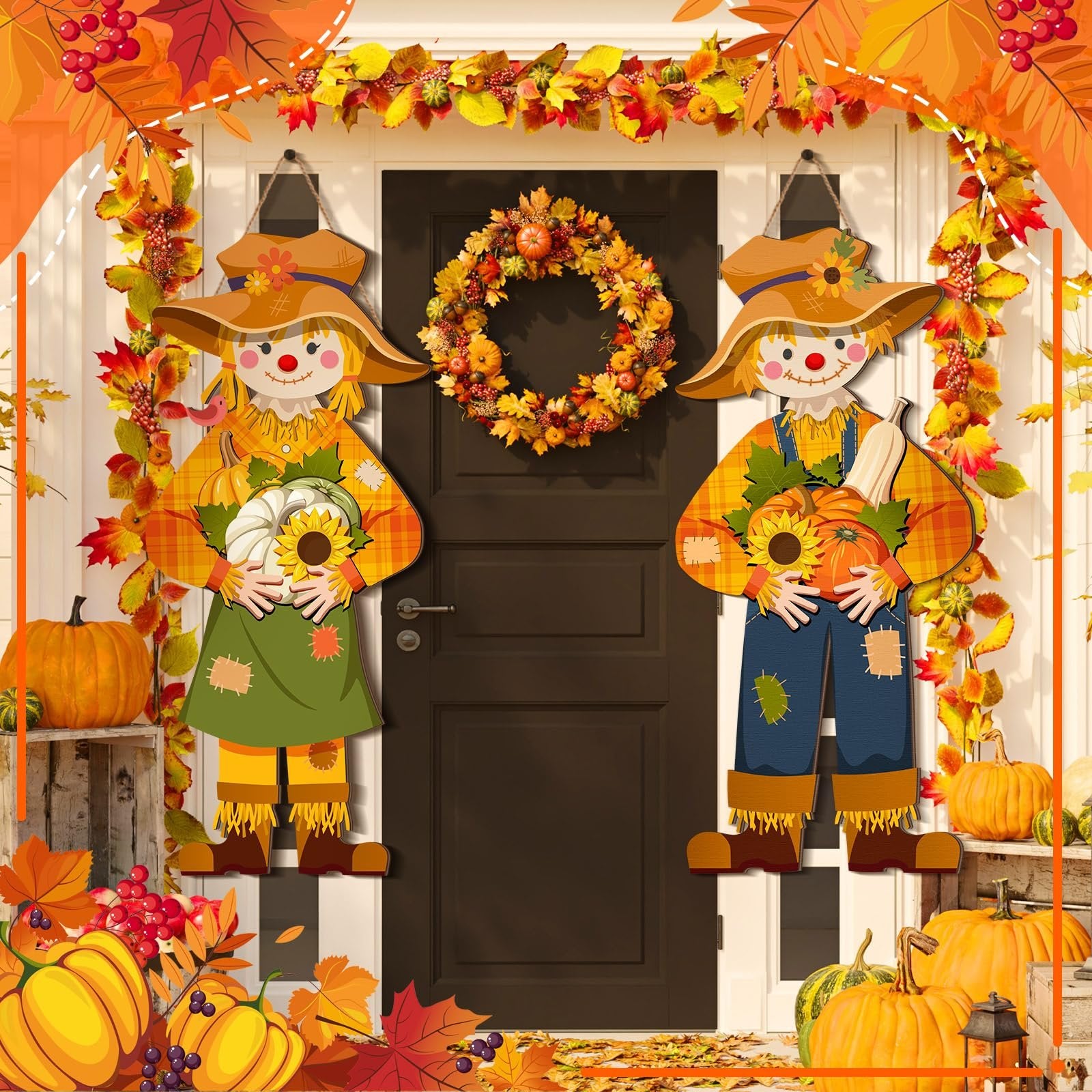Two scarecrow door decorations and a fall wreath hang on a dark front door with autumn leaves and pumpkins decorating the porch.