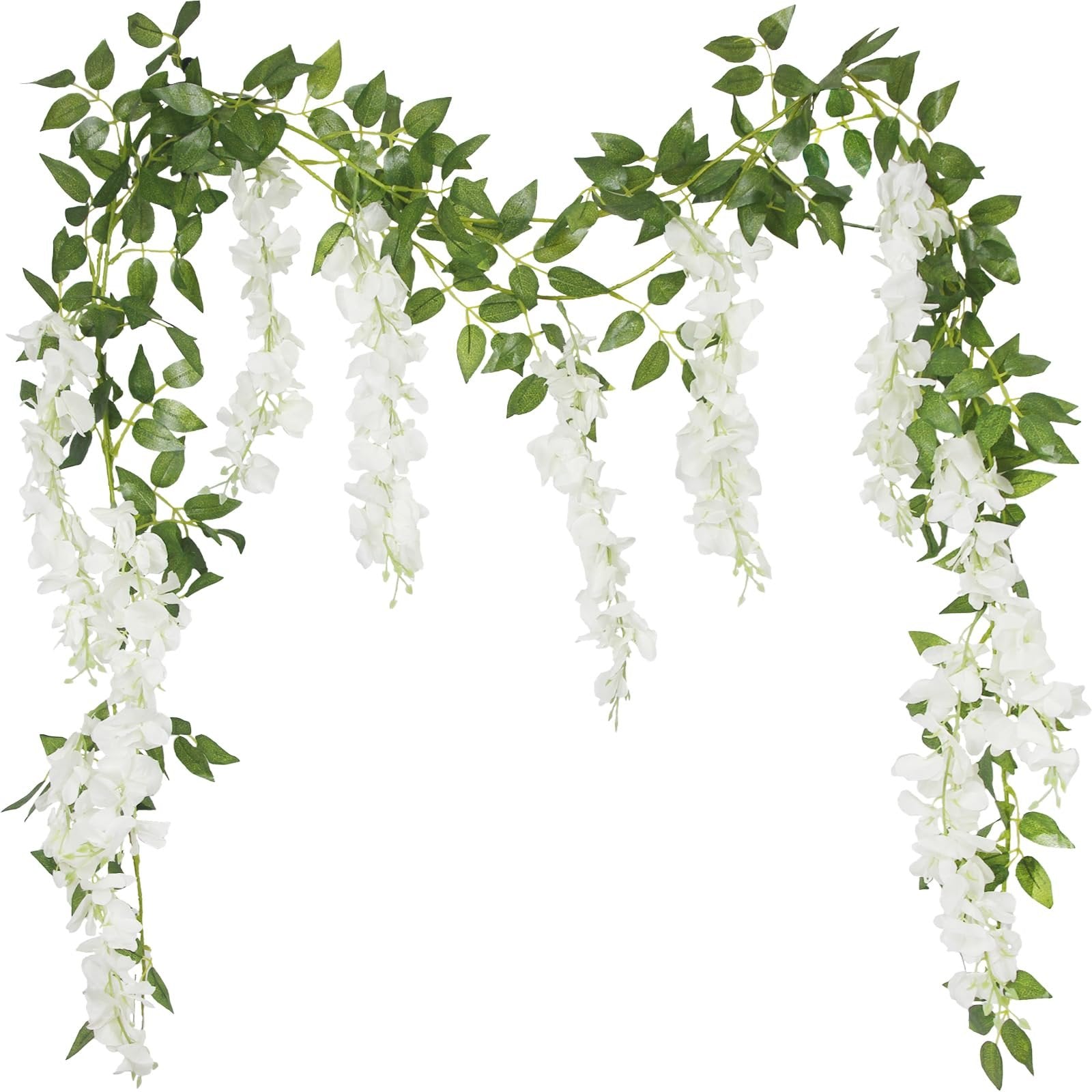 Two strands of artificial white wisteria garland with green leaves against a white background