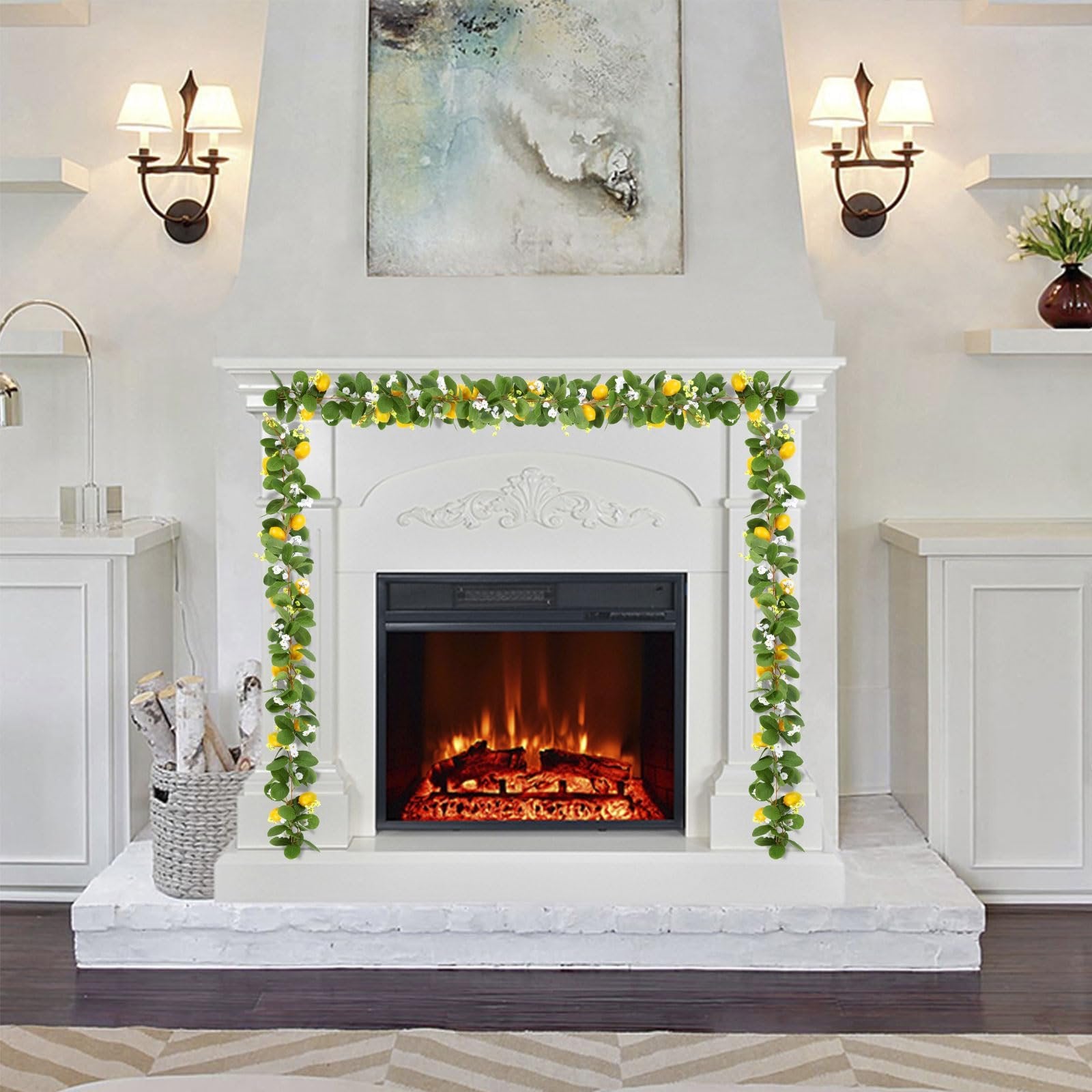 Artificial lemon vine garland with green leaves and yellow lemons draped over a white fireplace mantel with a fire burning inside.