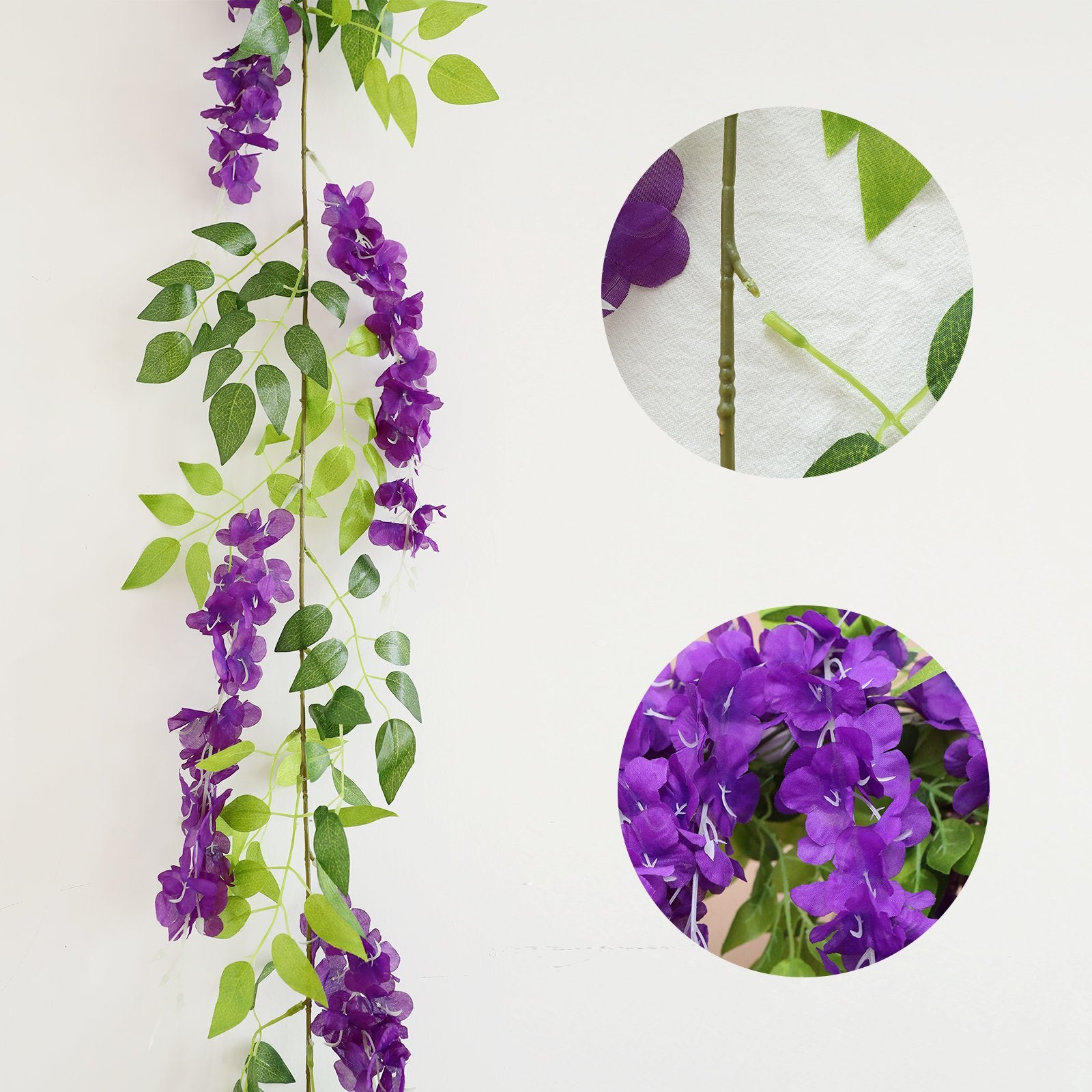 Two purple faux wisteria garlands with green leaves against a white background, with close-up insets showing stem connection and flower detail.