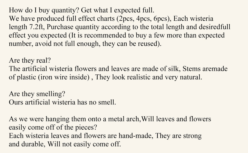 Text explaining quantity purchase, material, and durability of artificial wisteria garlands.