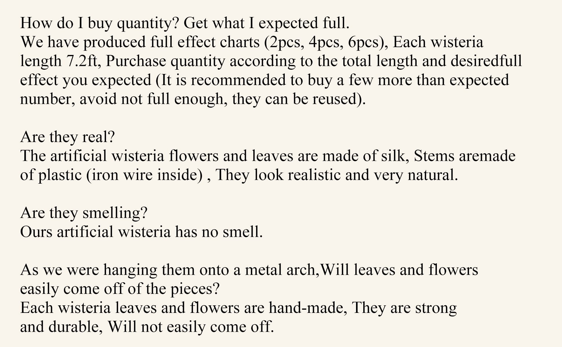 Text explaining quantity purchase, material, and durability of artificial wisteria garlands.