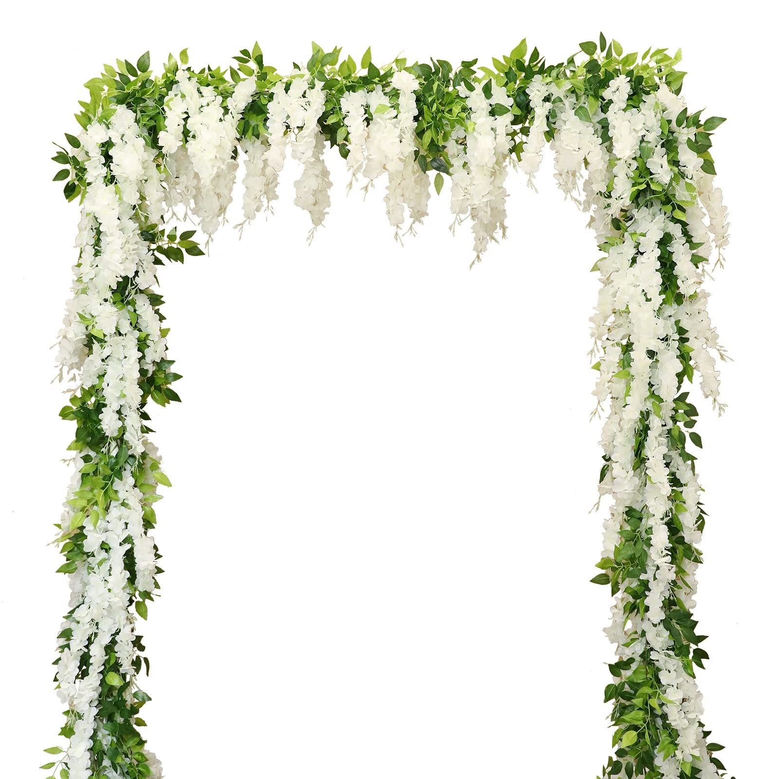 White faux wisteria garland with green leaves draped in an arch shape against a white background