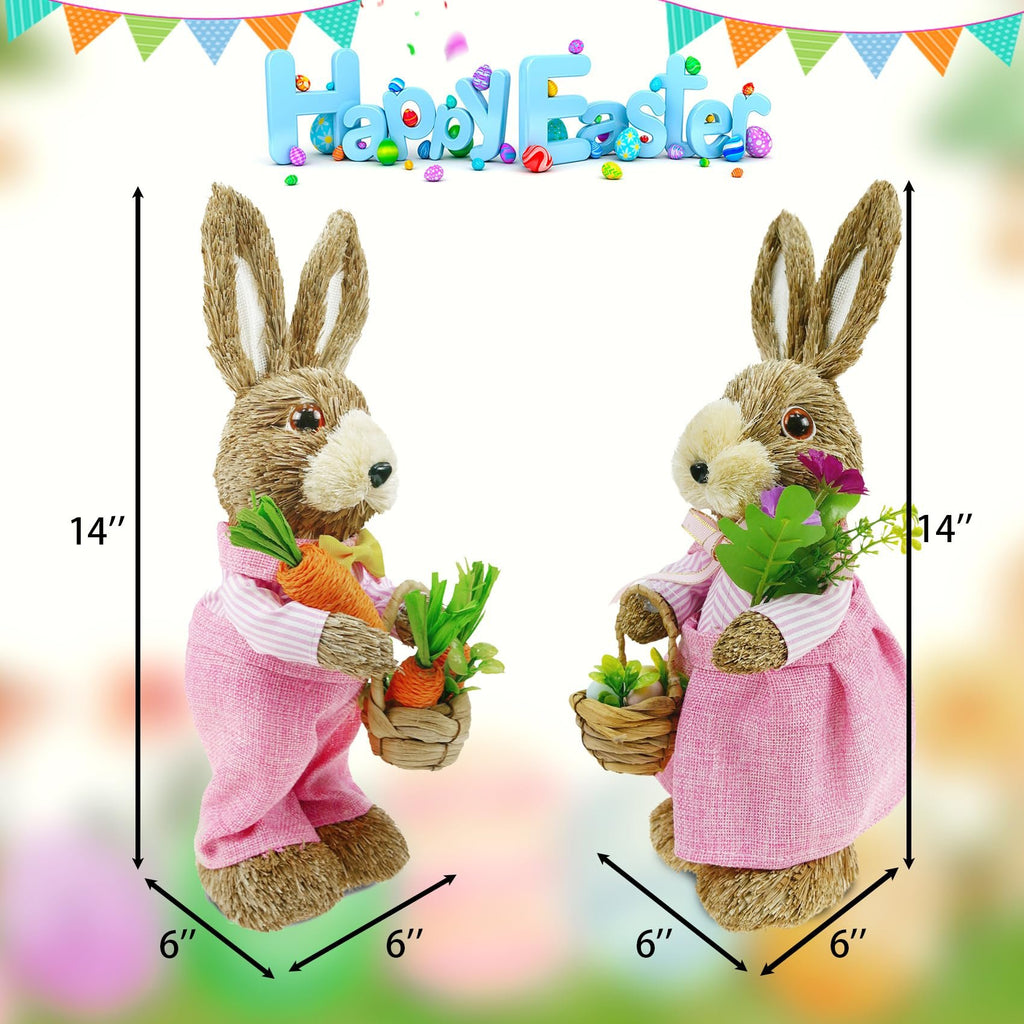 Two sisal bunny figurines in pink outfits, one holding carrots and a basket, the other holding flowers and a basket, with dimensions indicated.