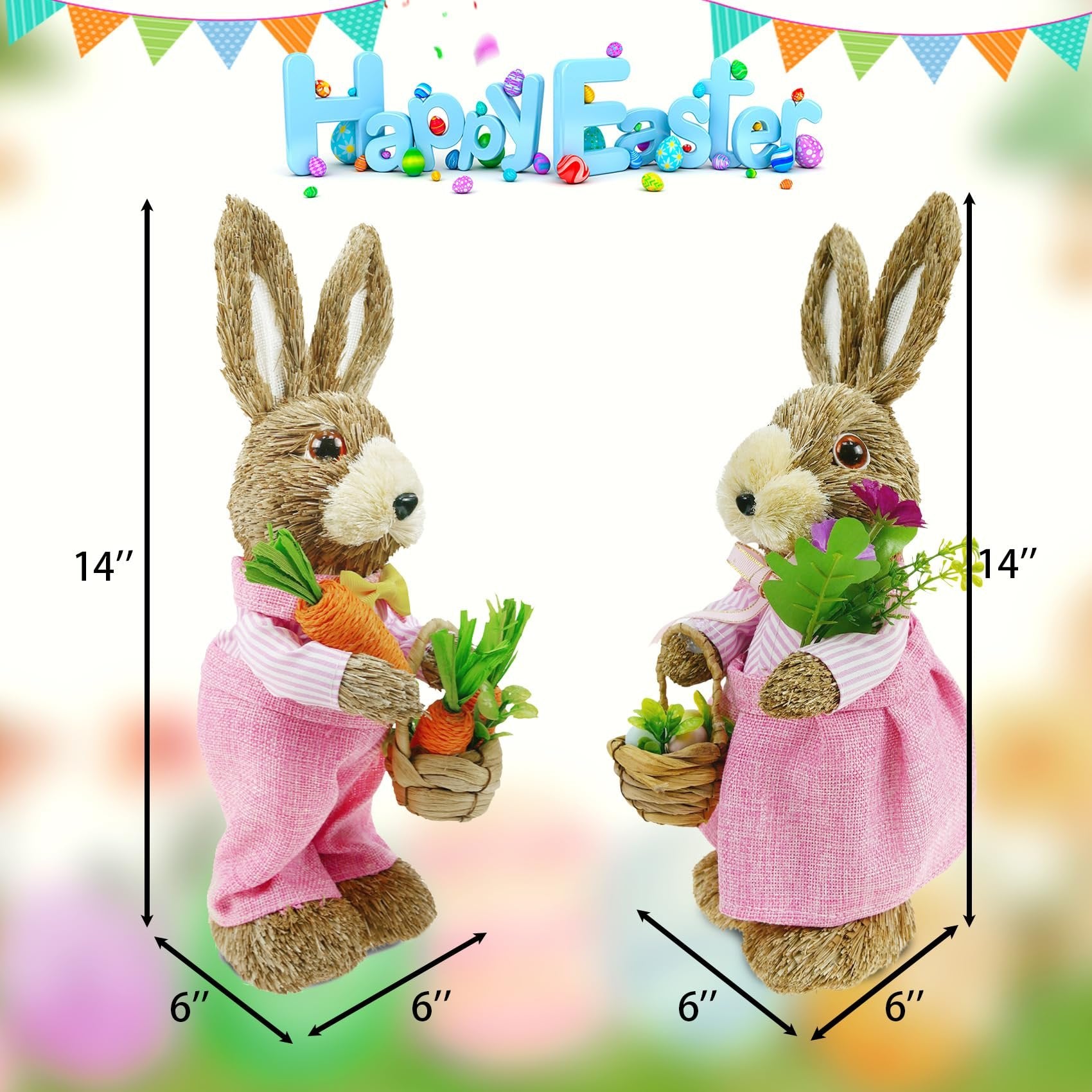 Two sisal bunny figurines in pink outfits, one holding carrots and a basket, the other holding flowers and a basket, with dimensions indicated.