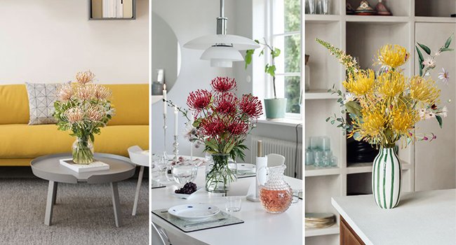 Three arrangements of artificial chrysanthemum bouquets in vases, styled in home settings.