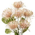 Bouquet of six artificial pink chrysanthemum flowers with green leaves on a white background