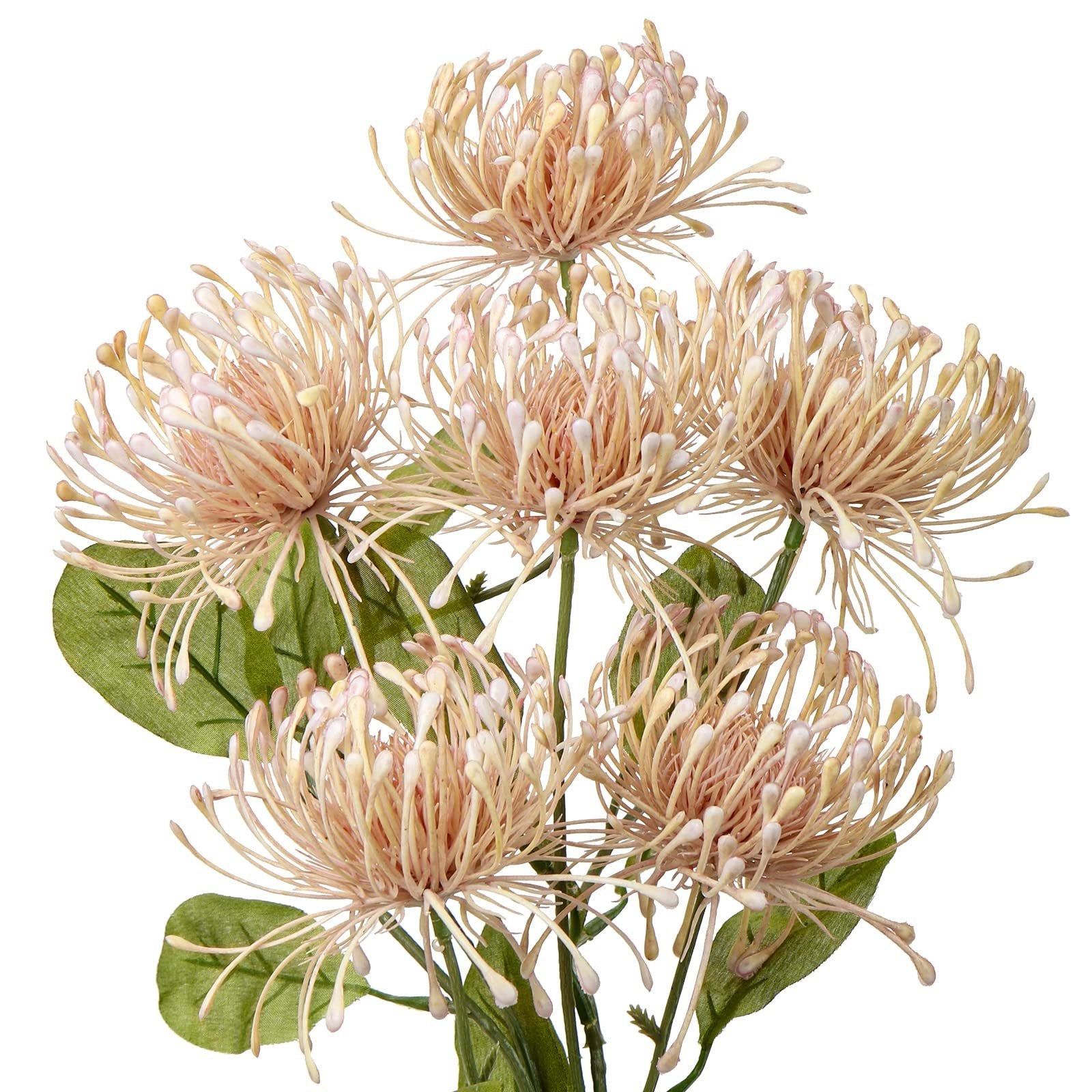 Bouquet of six artificial pink chrysanthemum flowers with green leaves on a white background