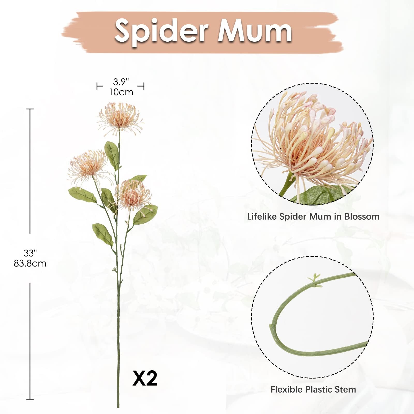 Two artificial spider mum flowers, one shown full length with dimensions, and close-ups of bloom and stem.