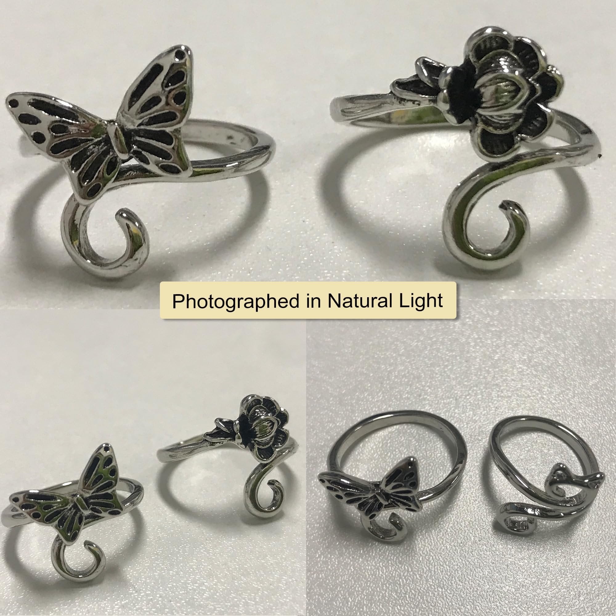Two adjustable metal yarn tension rings, one with a butterfly motif and one with a rose motif, shown from multiple angles.