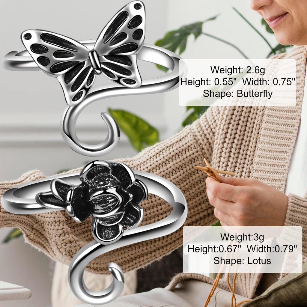 Two adjustable metal yarn tension rings, one with a butterfly motif and one with a lotus motif, shown on a person knitting.