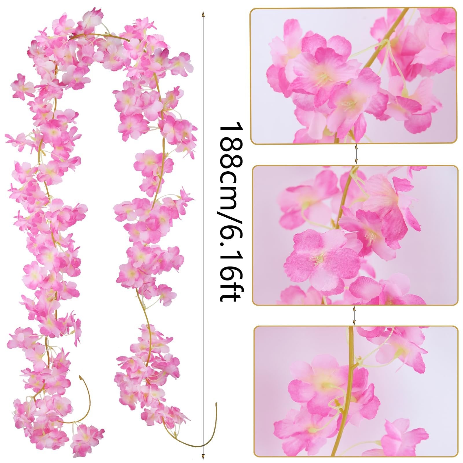 Two strands of artificial pink cherry blossom garland with detailed close-ups and a height measurement.