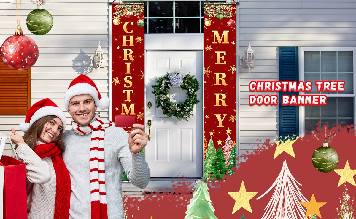 Couple in Santa hats holding shopping bags in front of a Christmas door banner set