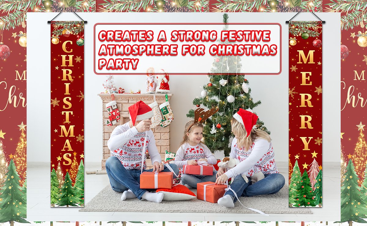 Family celebrating Christmas with festive door banners and a decorated tree.