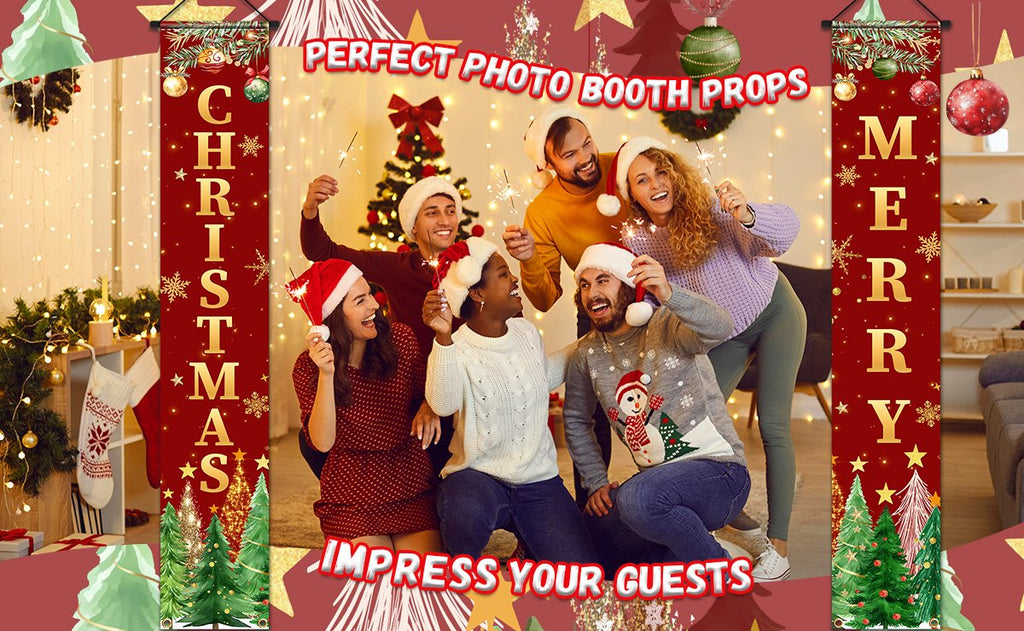 Group of friends celebrating Christmas with sparklers, wearing Santa hats, with festive banners in the background.
