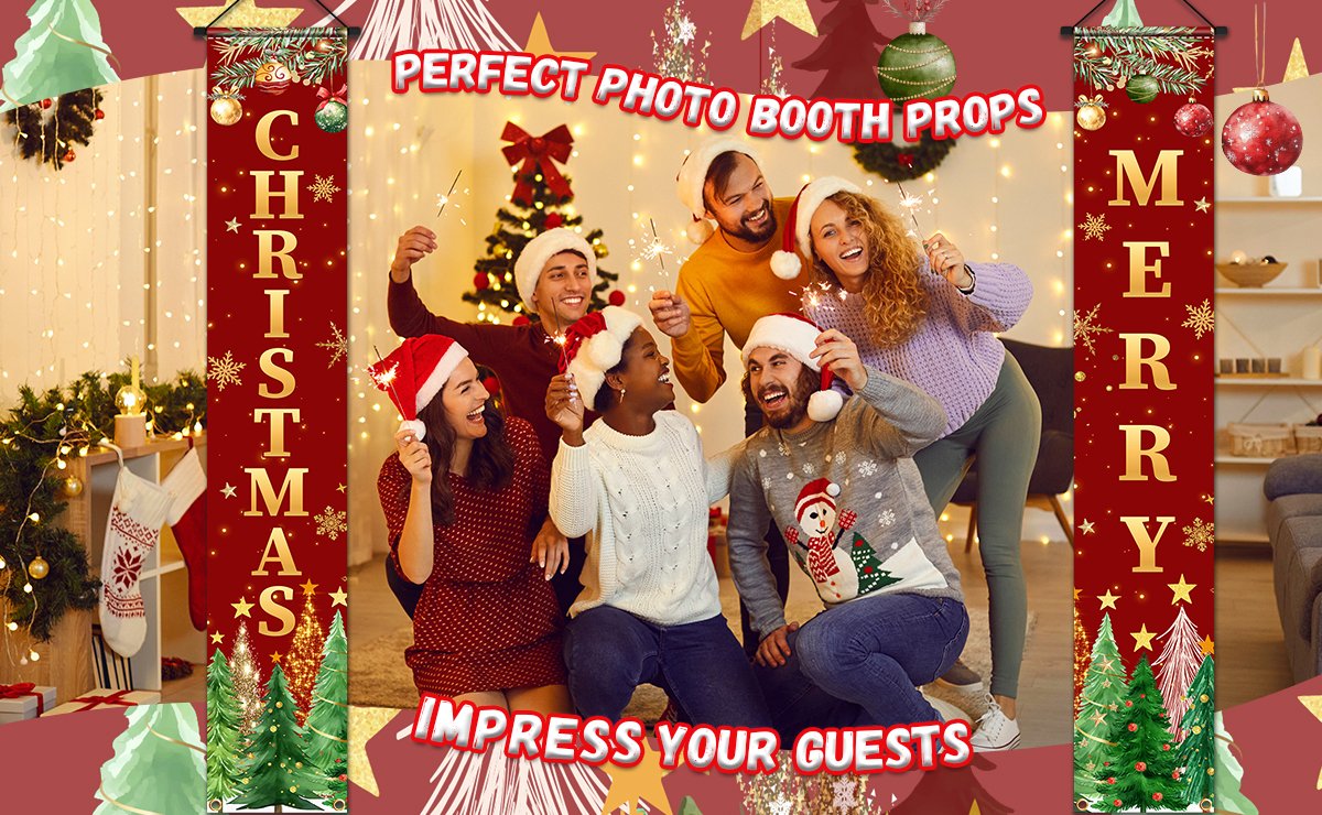 Group of friends celebrating Christmas with sparklers, wearing Santa hats, with festive banners in the background.