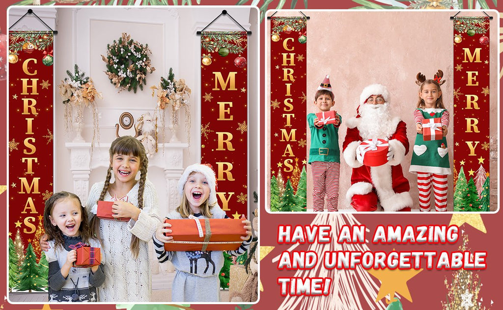 Two Christmas door banners, one reading 'CHRISTMAS' and the other 'MERRY', displayed with children and Santa Claus.