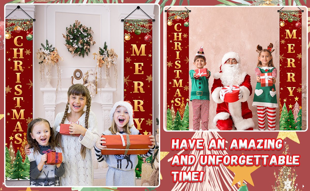 Two Christmas door banners, one reading 'CHRISTMAS' and the other 'MERRY', displayed with children and Santa Claus.