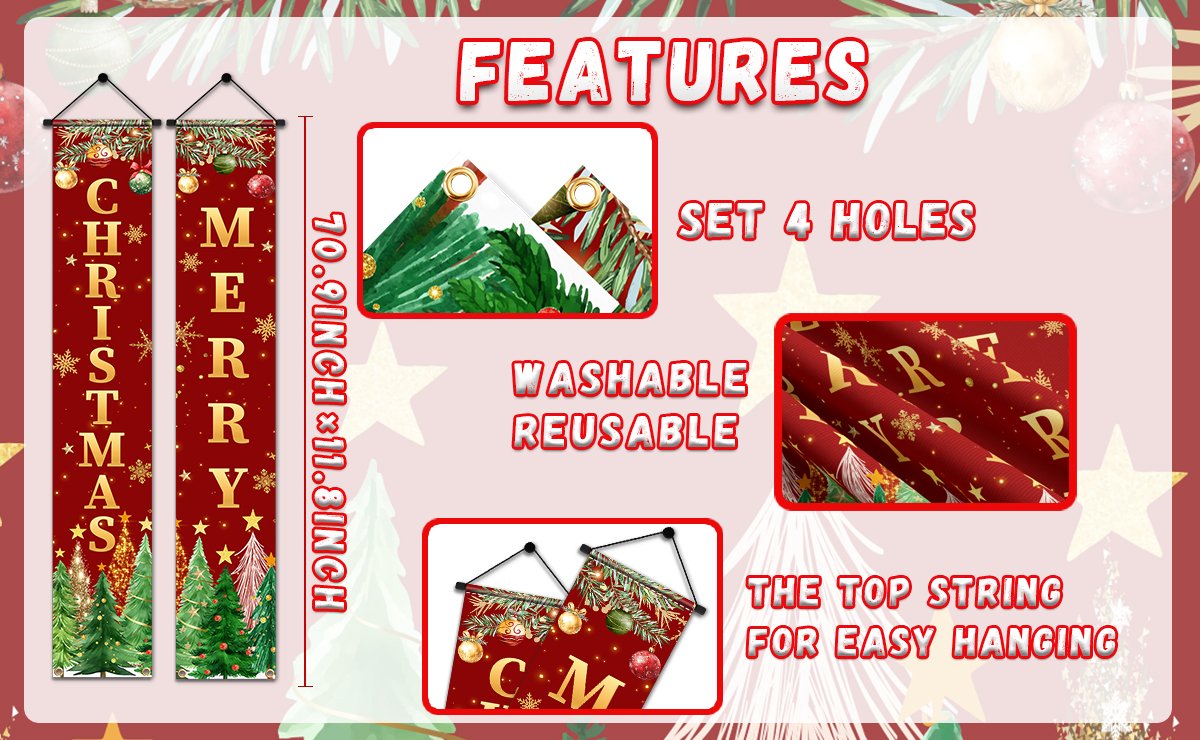 Two Christmas door banners, one reading 'CHRISTMAS' and the other 'MERRY', with festive trees and snowflakes. Features section shows details like holes and hanging string.