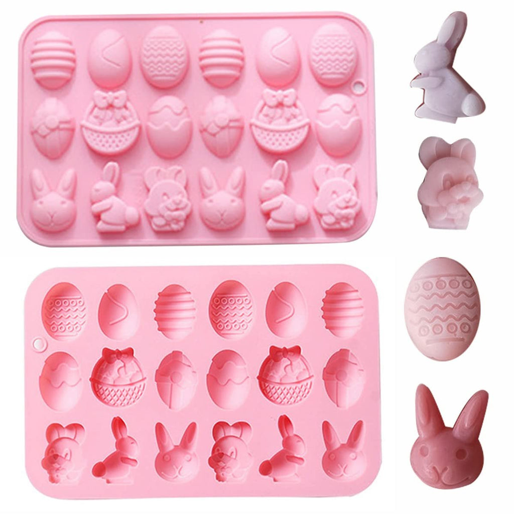 Two pink silicone Easter molds with egg and bunny shapes, plus individual chocolate samples.