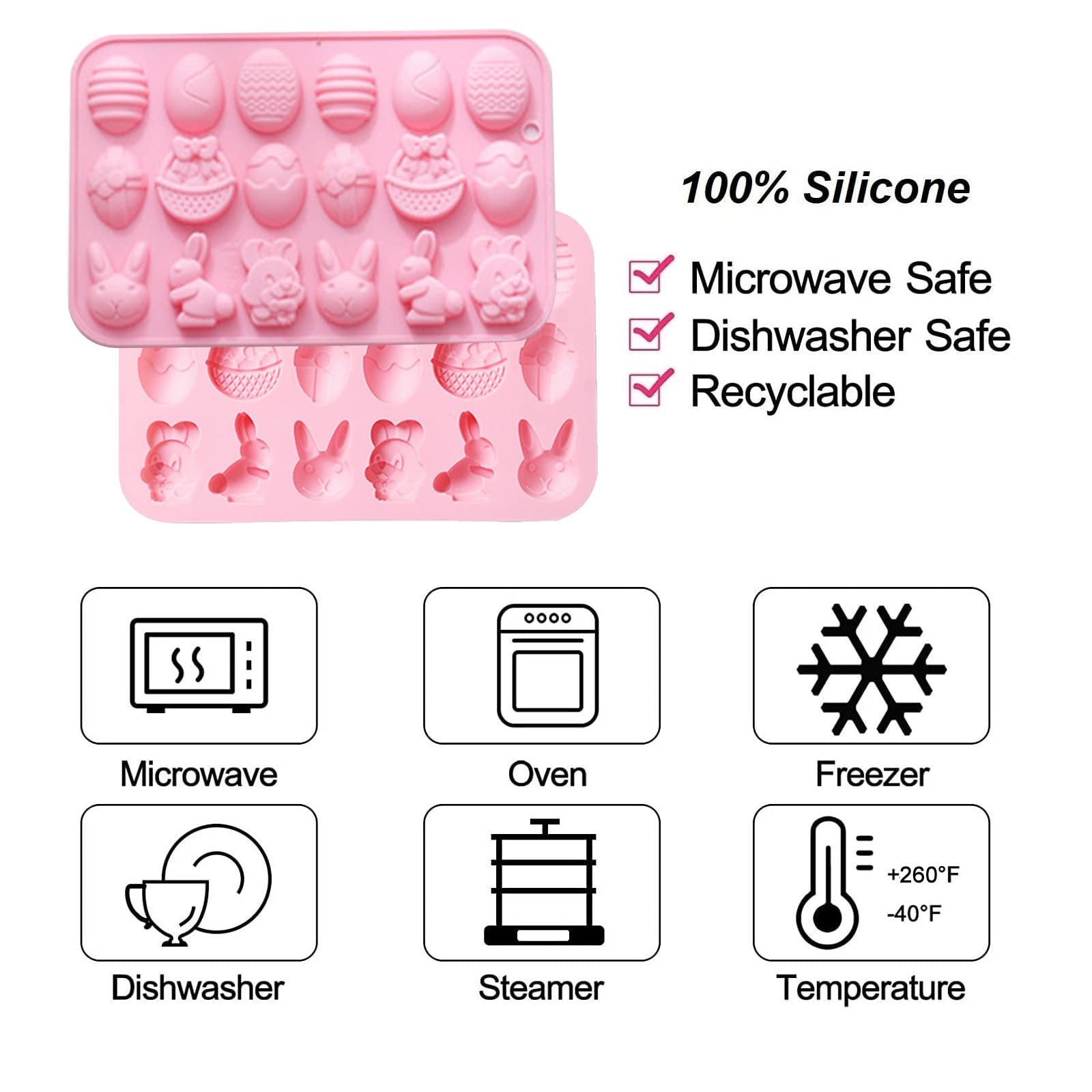 Pink silicone Easter mold with egg, bunny, and basket shapes, shown with icons for microwave, oven, freezer, dishwasher, steamer, and temperature.