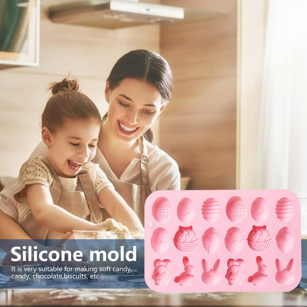 Mother and daughter baking with a pink silicone Easter mold featuring eggs, baskets, and bunnies.
