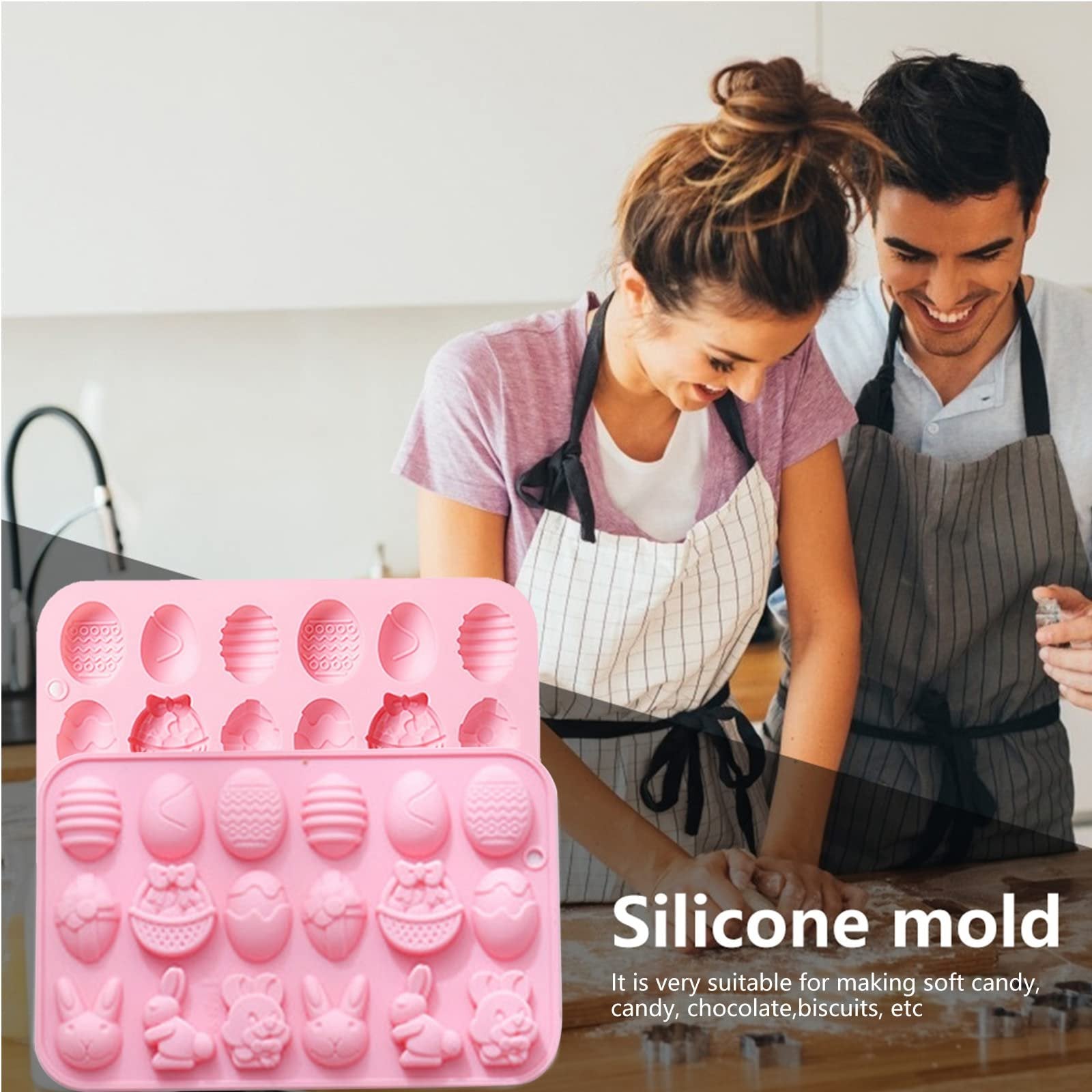 Pink silicone Easter mold with egg, bunny, and basket shapes, held by a couple baking.