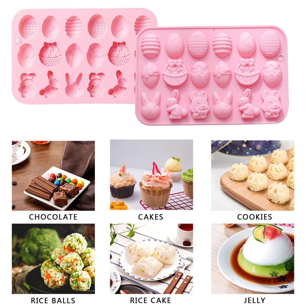 Two pink silicone Easter molds with egg, basket, and bunny shapes, surrounded by photos of chocolate, cakes, cookies, rice balls, rice cake, and jelly.