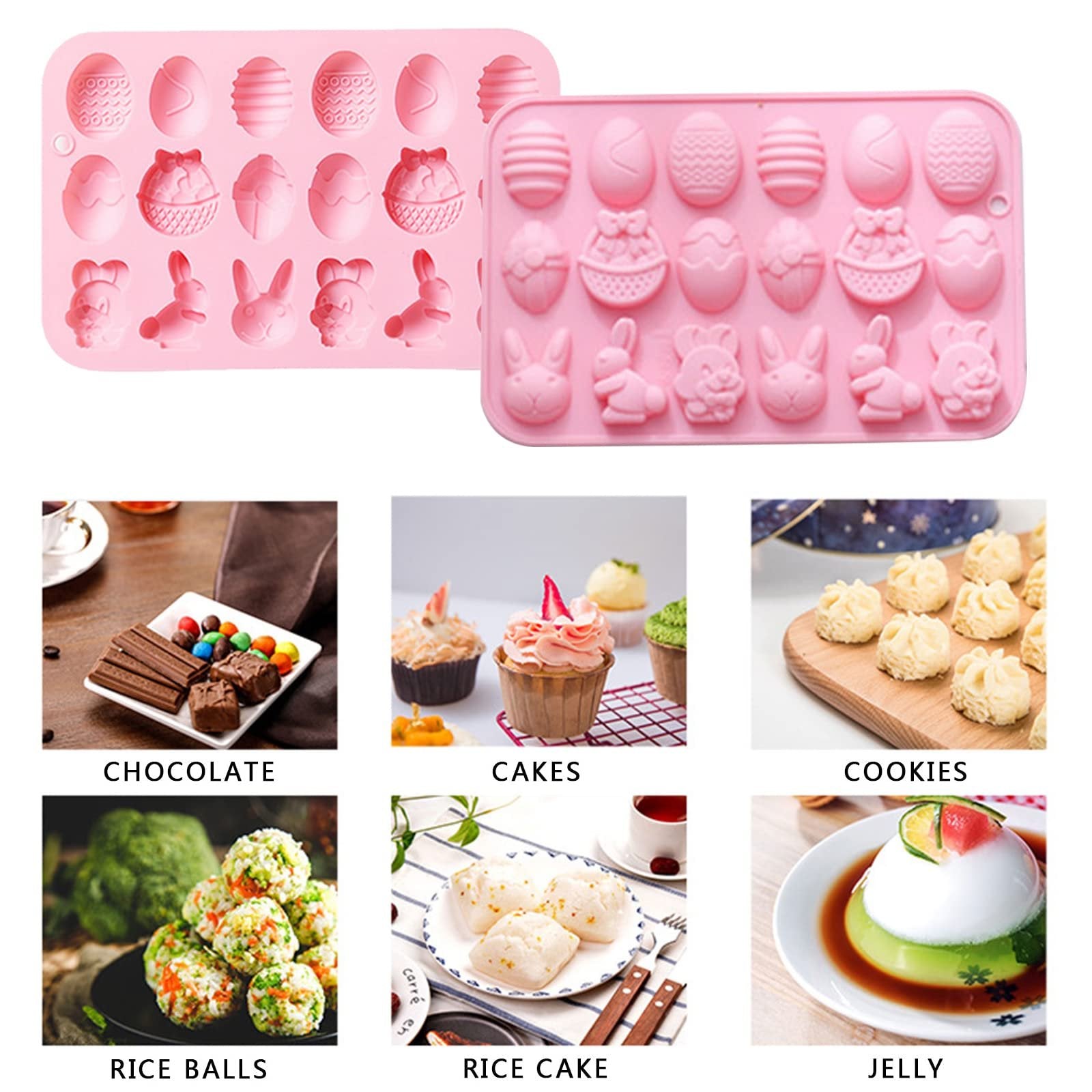 Two pink silicone Easter molds with egg, basket, and bunny shapes, surrounded by photos of chocolate, cakes, cookies, rice balls, rice cake, and jelly.