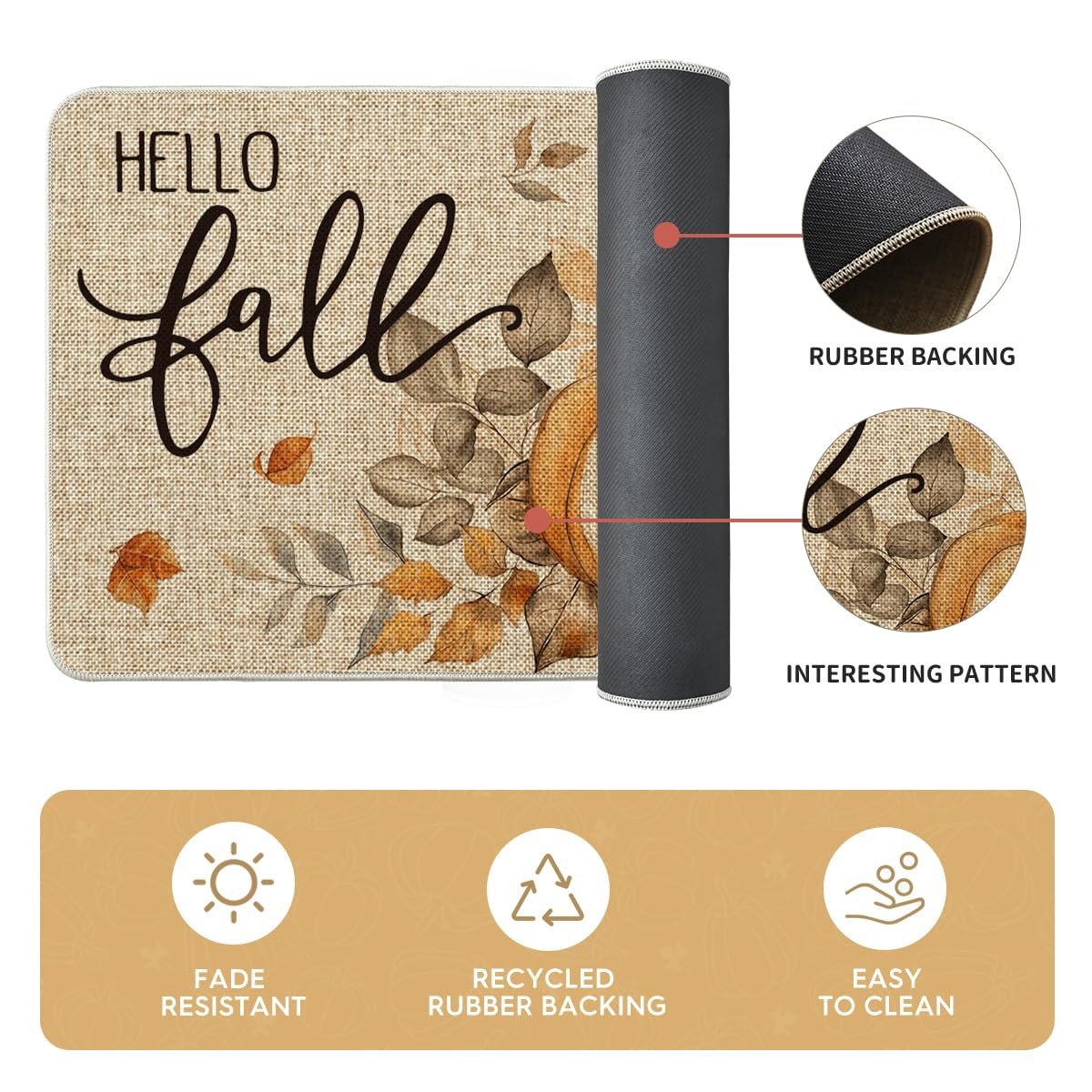 Fall kitchen mat with pumpkin and leaf design, showing rubber backing and pattern detail, plus feature icons for fade resistance, recycled backing, and easy cleaning.