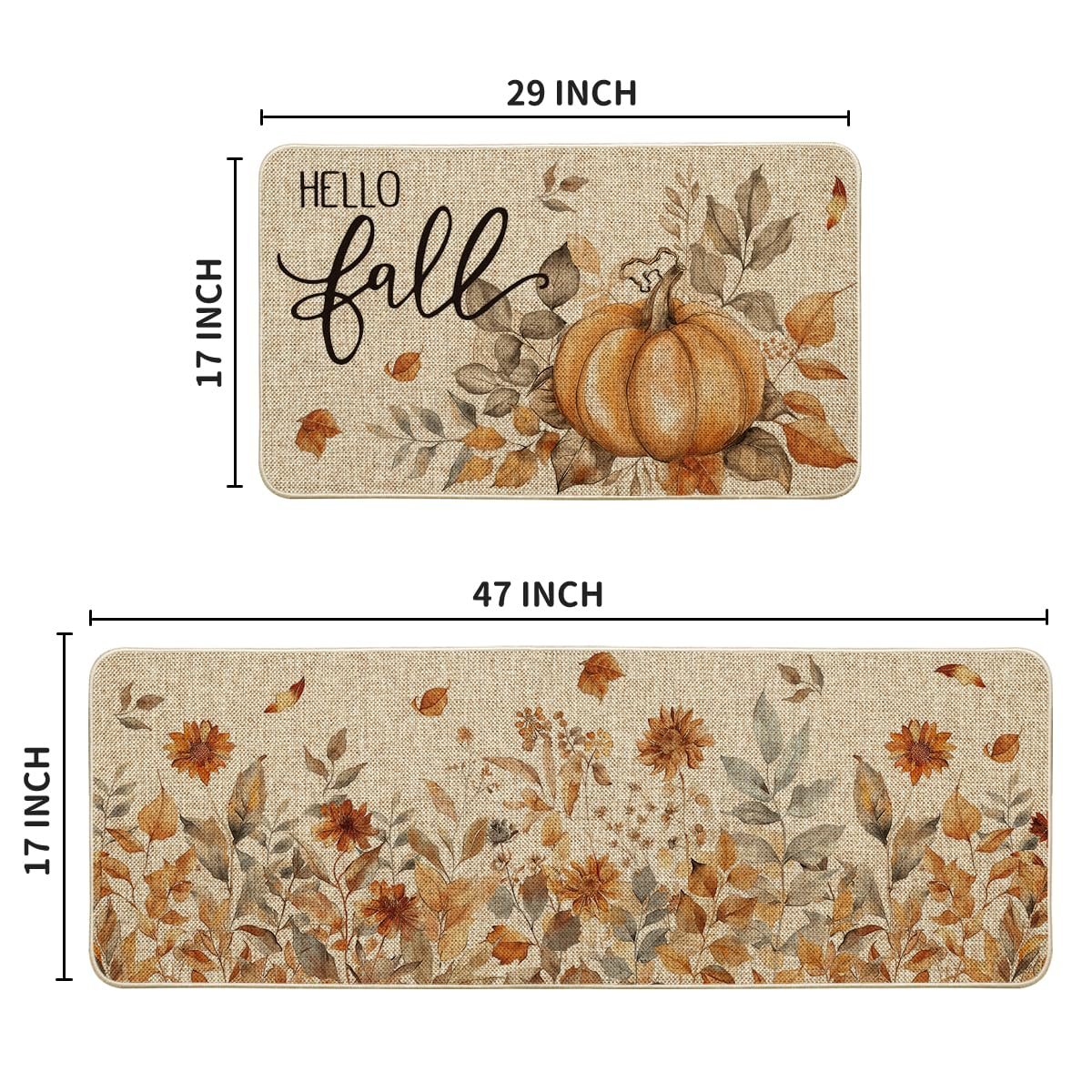 Two fall-themed kitchen mats, one with a pumpkin and 'Hello Fall' text, the other with floral designs.