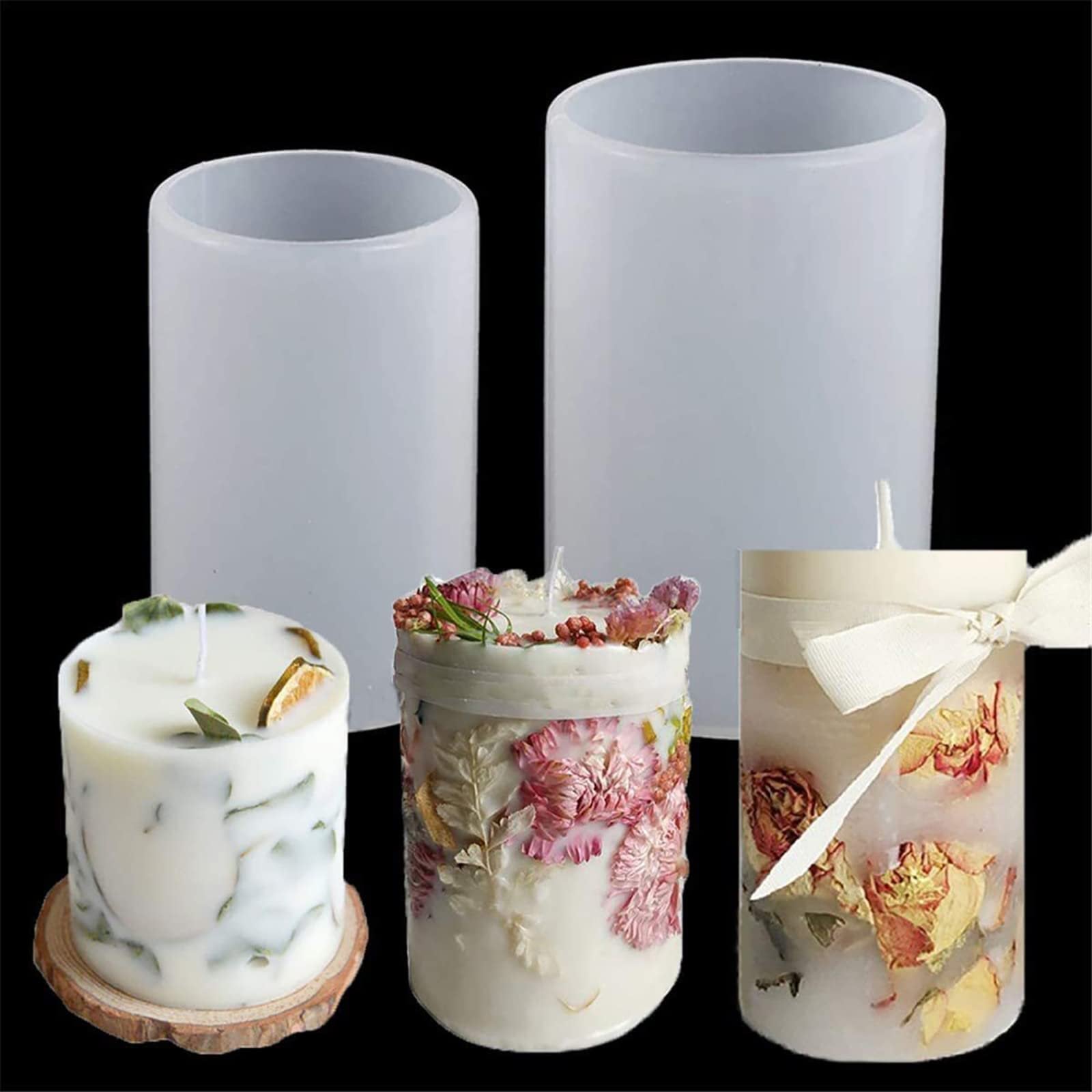 Two clear silicone cylinder molds and three finished candles with dried flowers and herbs, one on a wooden coaster.
