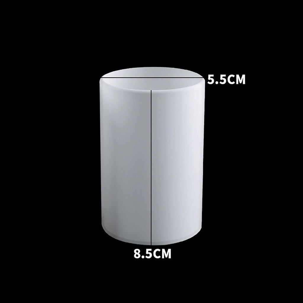 White cylindrical silicone mold with dimensions 5.5cm and 8.5cm indicated, on a black background.
